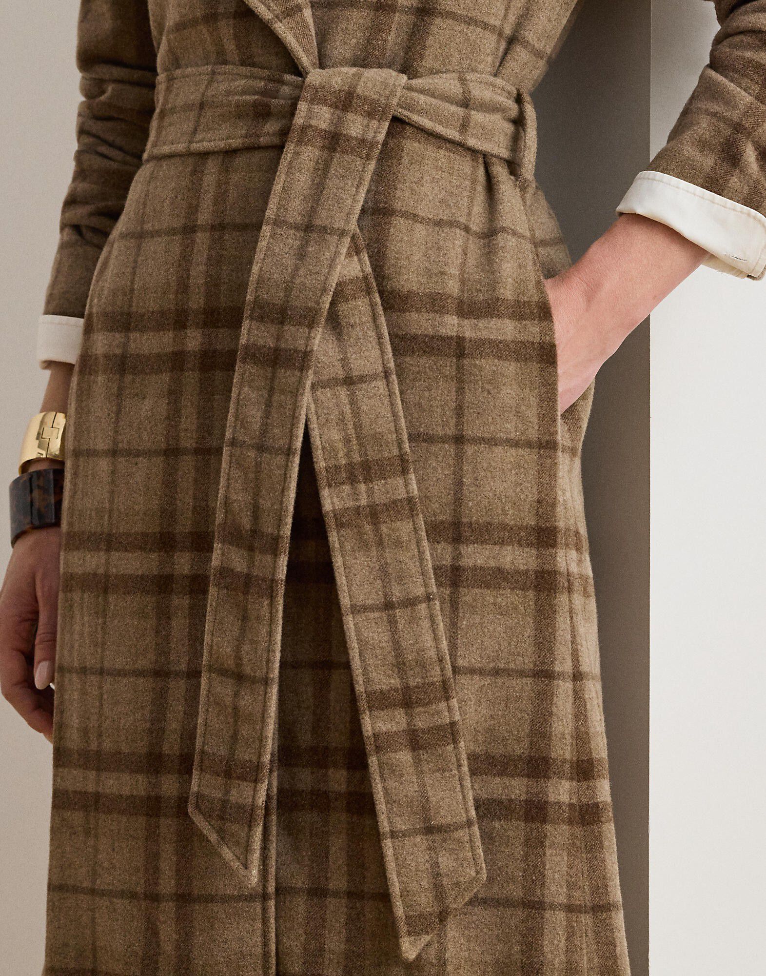 Plaid Wool-Blend Twill Wrap Coat
