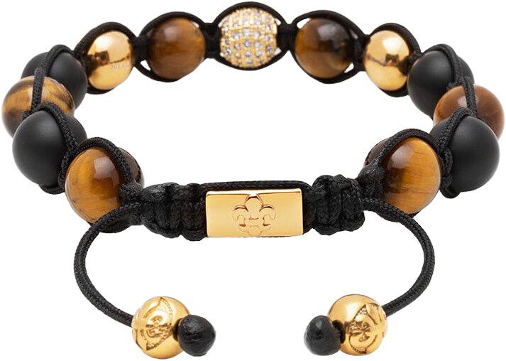Men's Beaded Bracelet with Gold, CZ Diamond, Matte Onyx, and Brown Tig