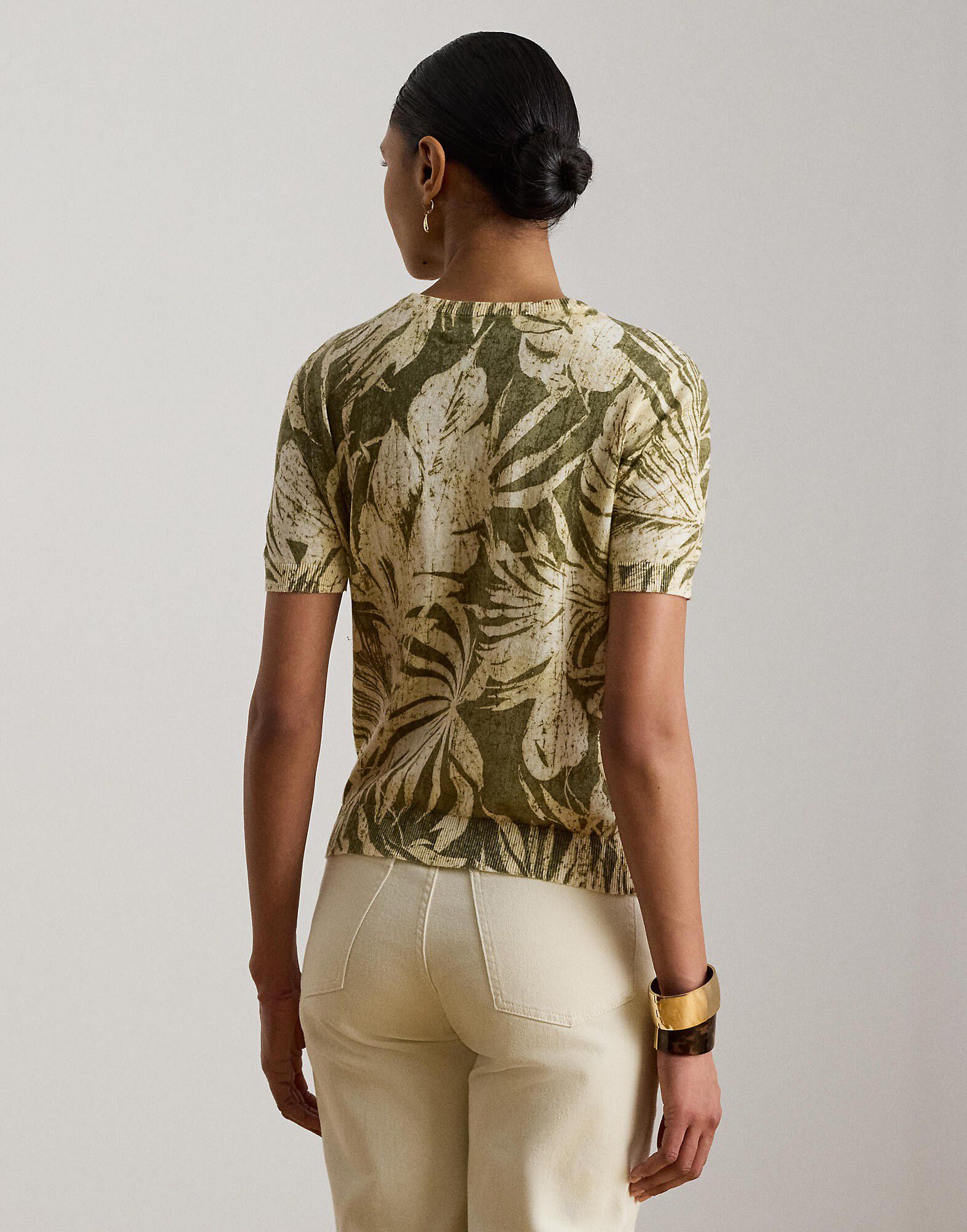 Palm-Frond-Print Short-Sleeve Sweater