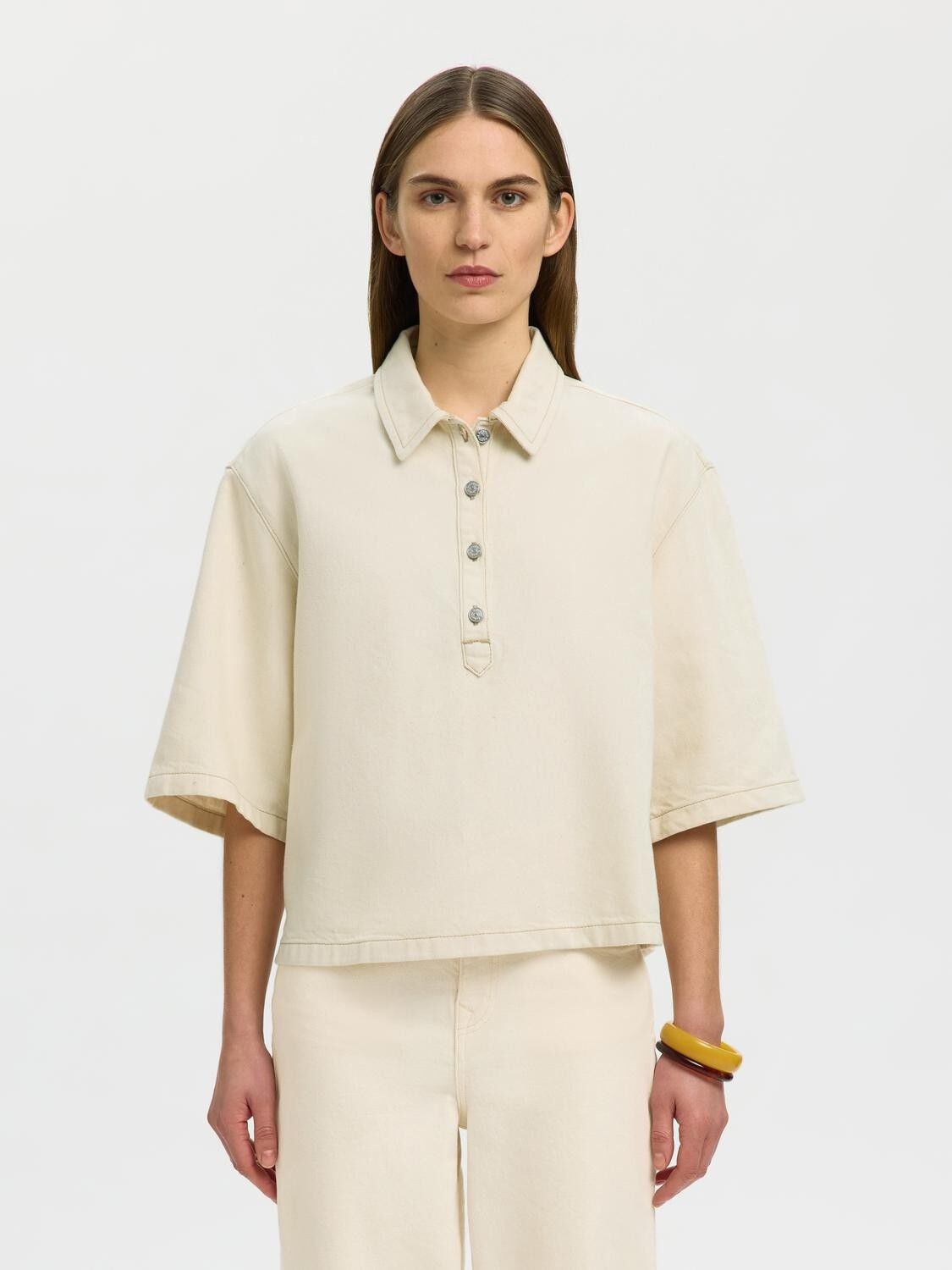 Slfliva-Tenna 2/4 Boxi Polo Denim Shirt