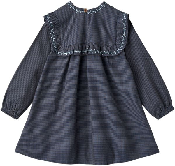 CHECKERED DRESS W. EMB. AND RUFFLE