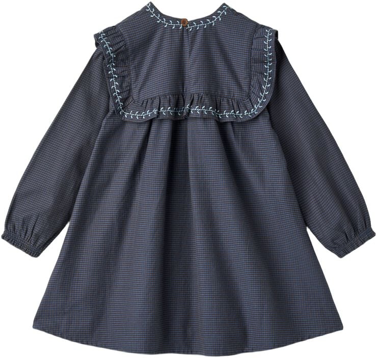 CHECKERED DRESS W. EMB. AND RUFFLE