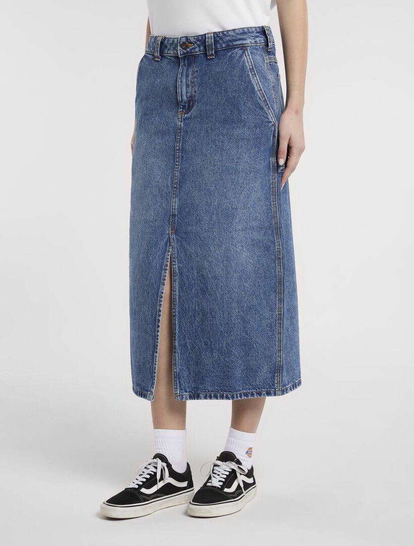 LONG DENIM CARPENTER SKIRT W RINSED