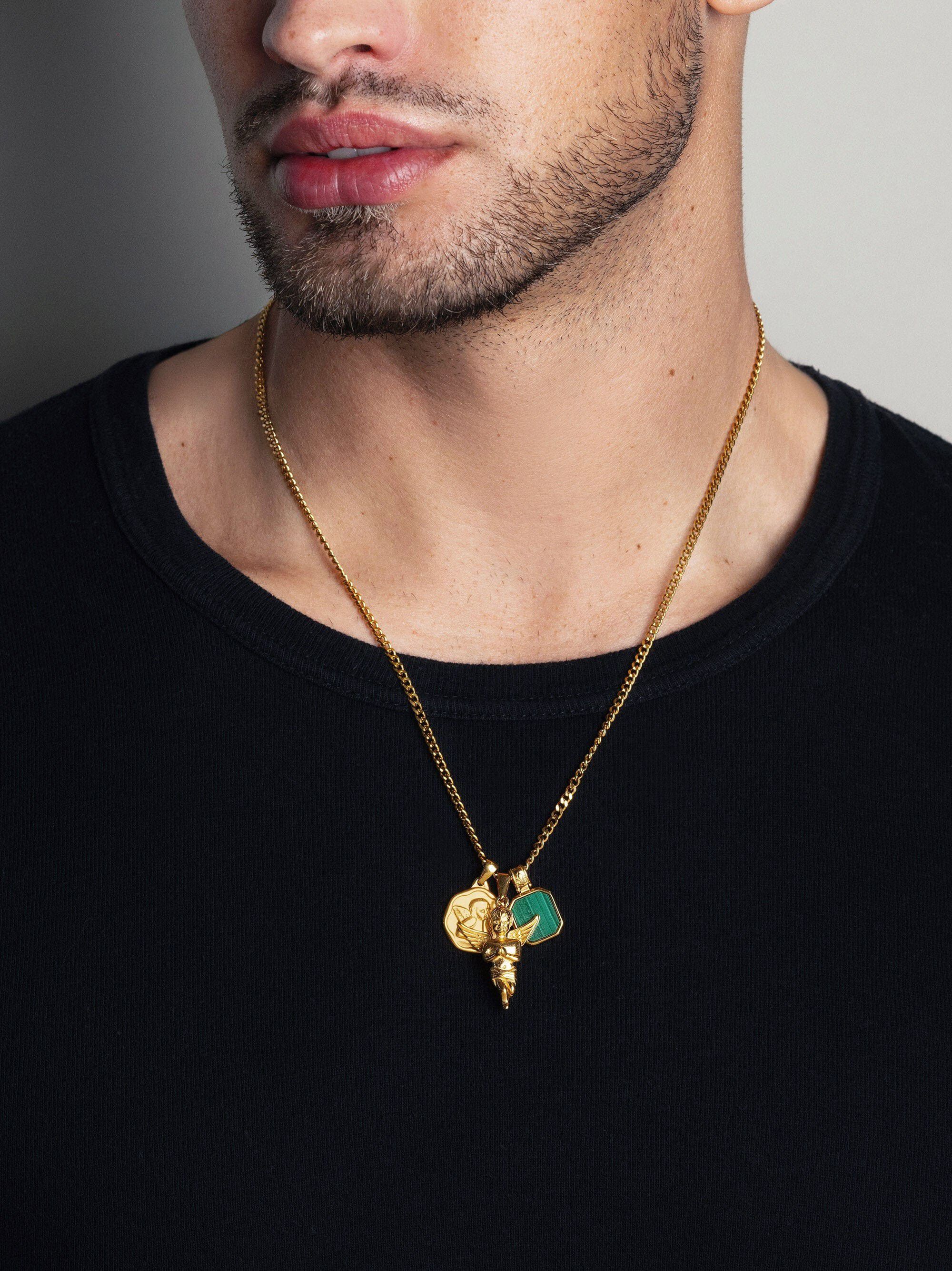 Men's Gold Talisman Necklace with Angel and Malachite Pendan
