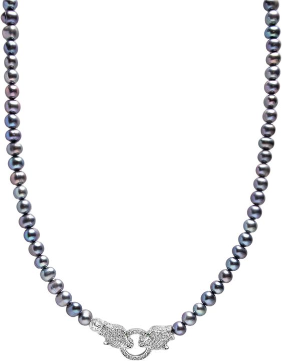 Black Pearl Choker with Double Panther Head in Silver