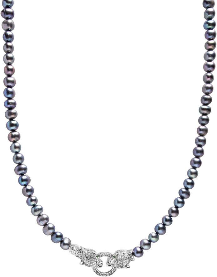 Black Pearl Choker with Double Panther Head in Silver