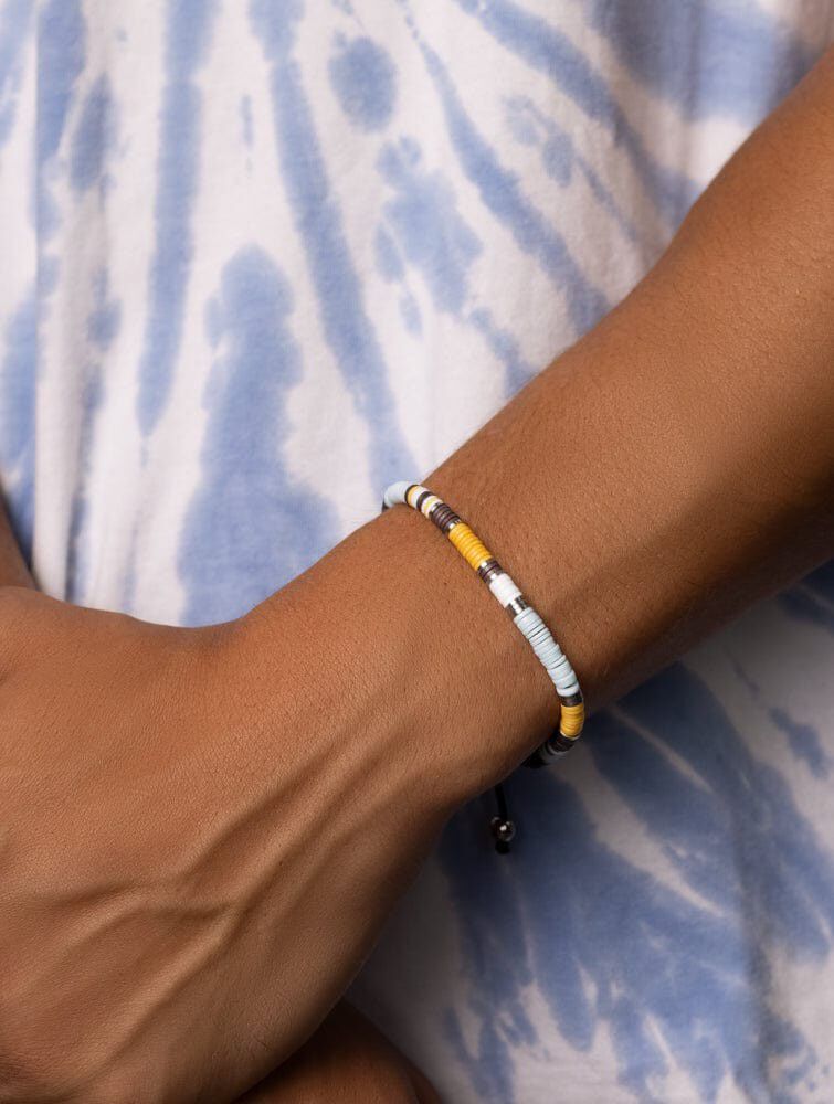 Men's Beaded Bracelet with Blue, Brown, Orange, White, and Silver Disc