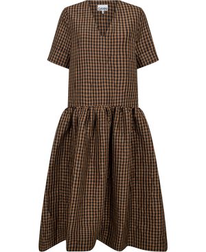 Crinkled Taffeta Check Long Dress
