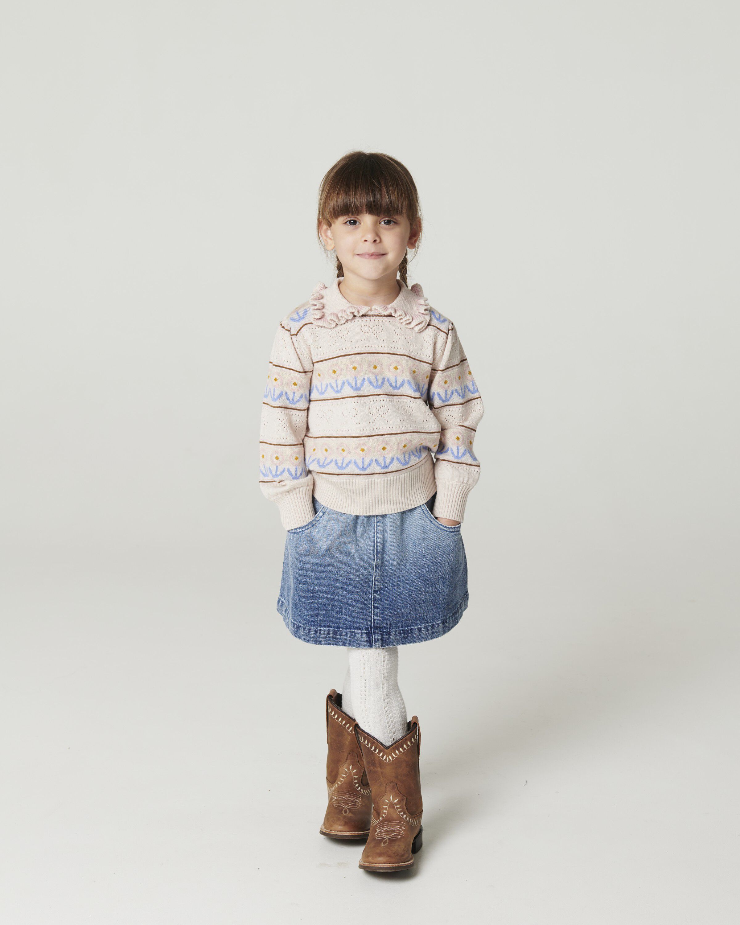 Knitted Collar Blouse w. Pointelle & Pattern