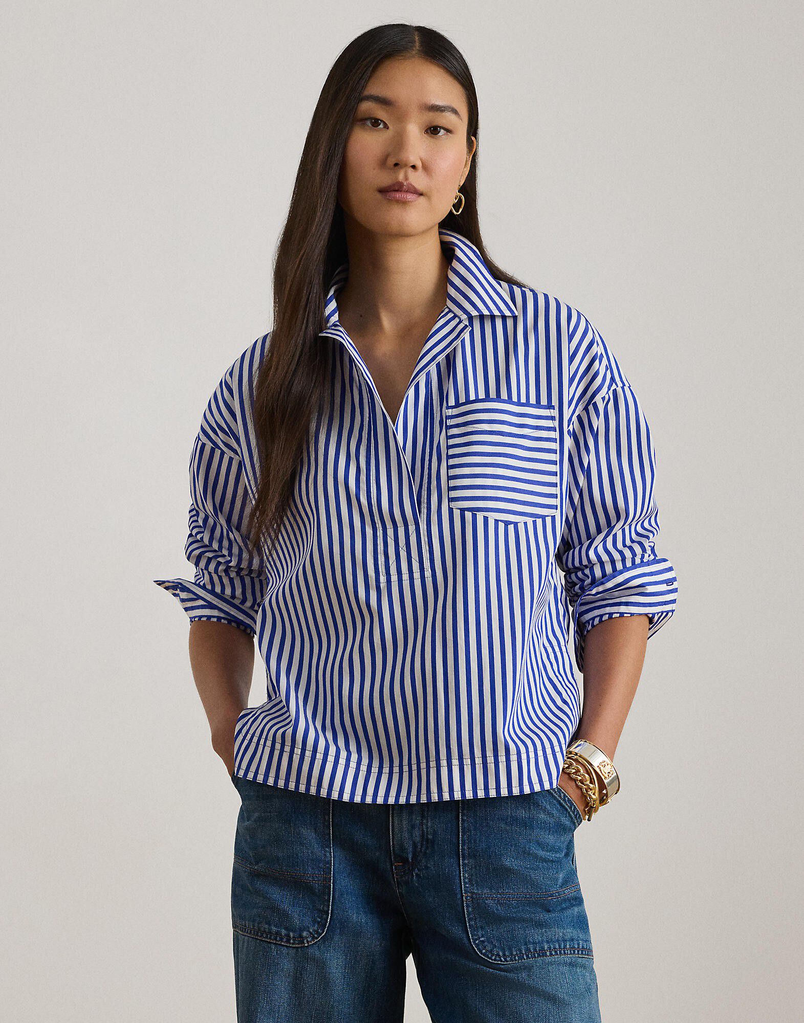 Striped Cotton Broadcloth Cropped Shirt