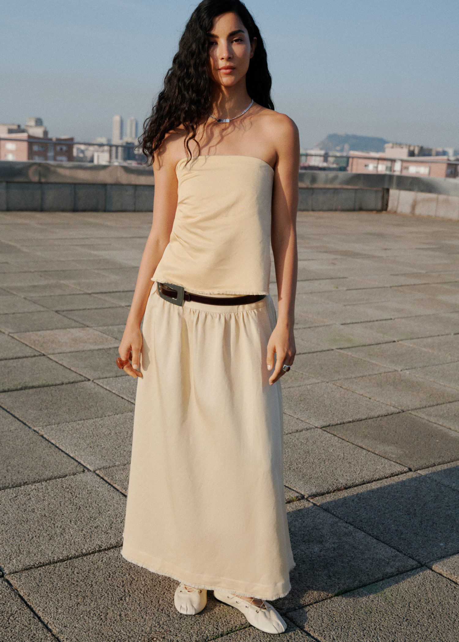 Strapless linen blend top