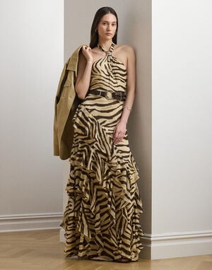 Zebra-Print Ruffle-Trim Georgette Gown