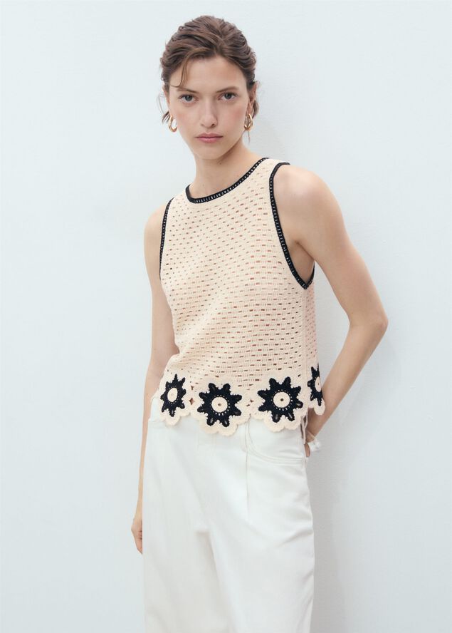 Cotton blend crochet top with floral finishes
