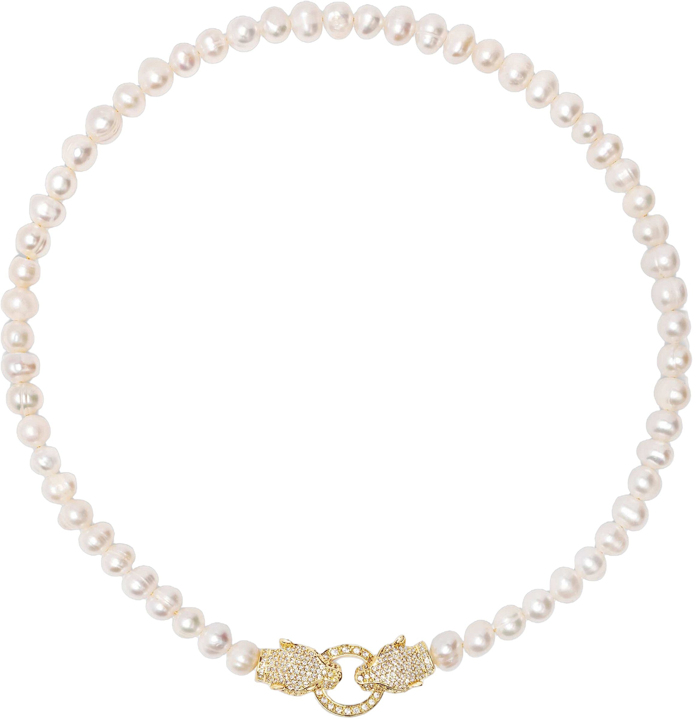Women's Pearl Choker with Gold Double Panther Head
