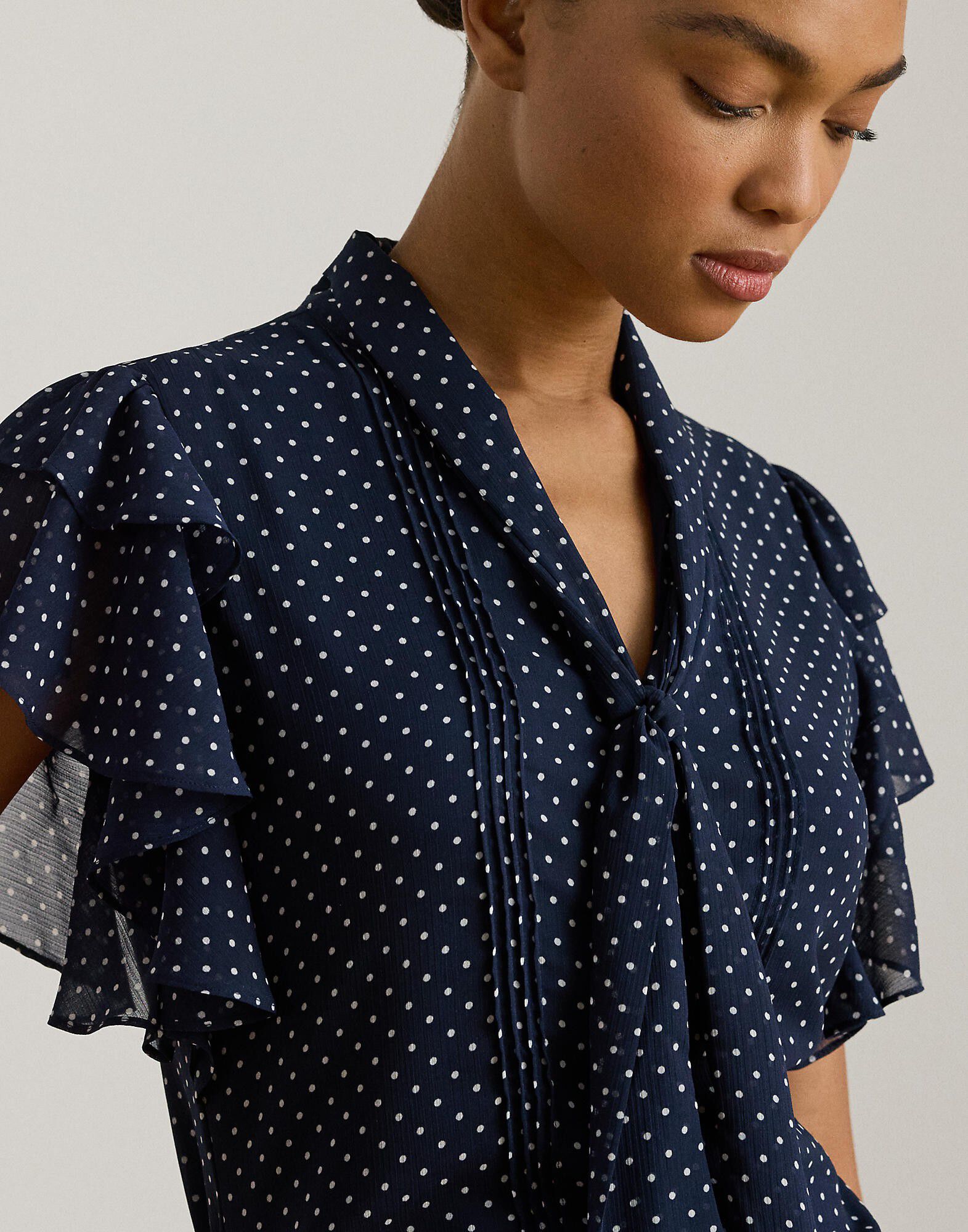 Polka-Dot Georgette Tie-Neck Blouse