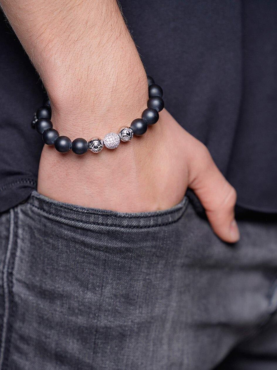 Men's Beaded Bracelet with Matte Onyx and Silver
