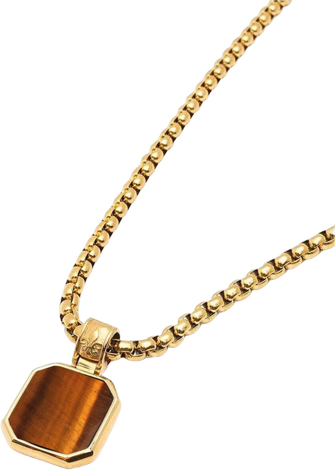 Gold Necklace with Square Brown Tiger Eye Pendant