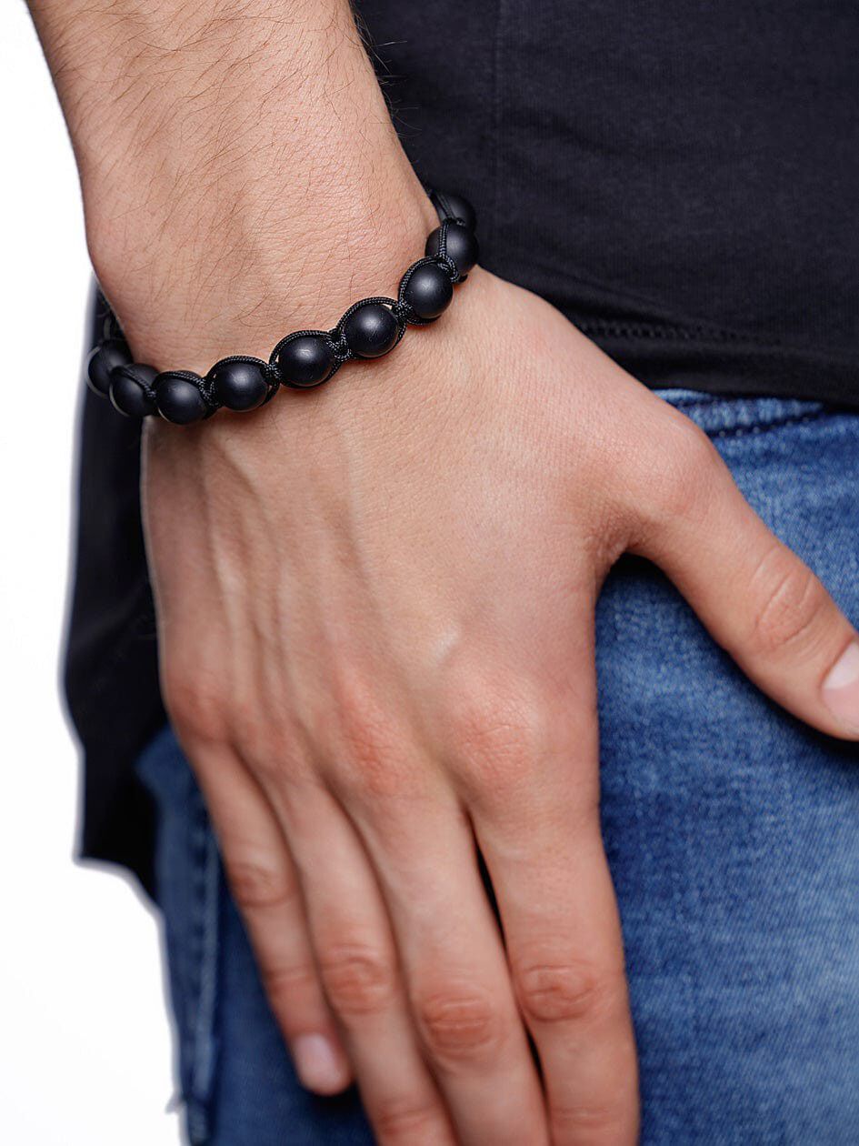 Men's Beaded Bracelet with Silver and Matte Onyx