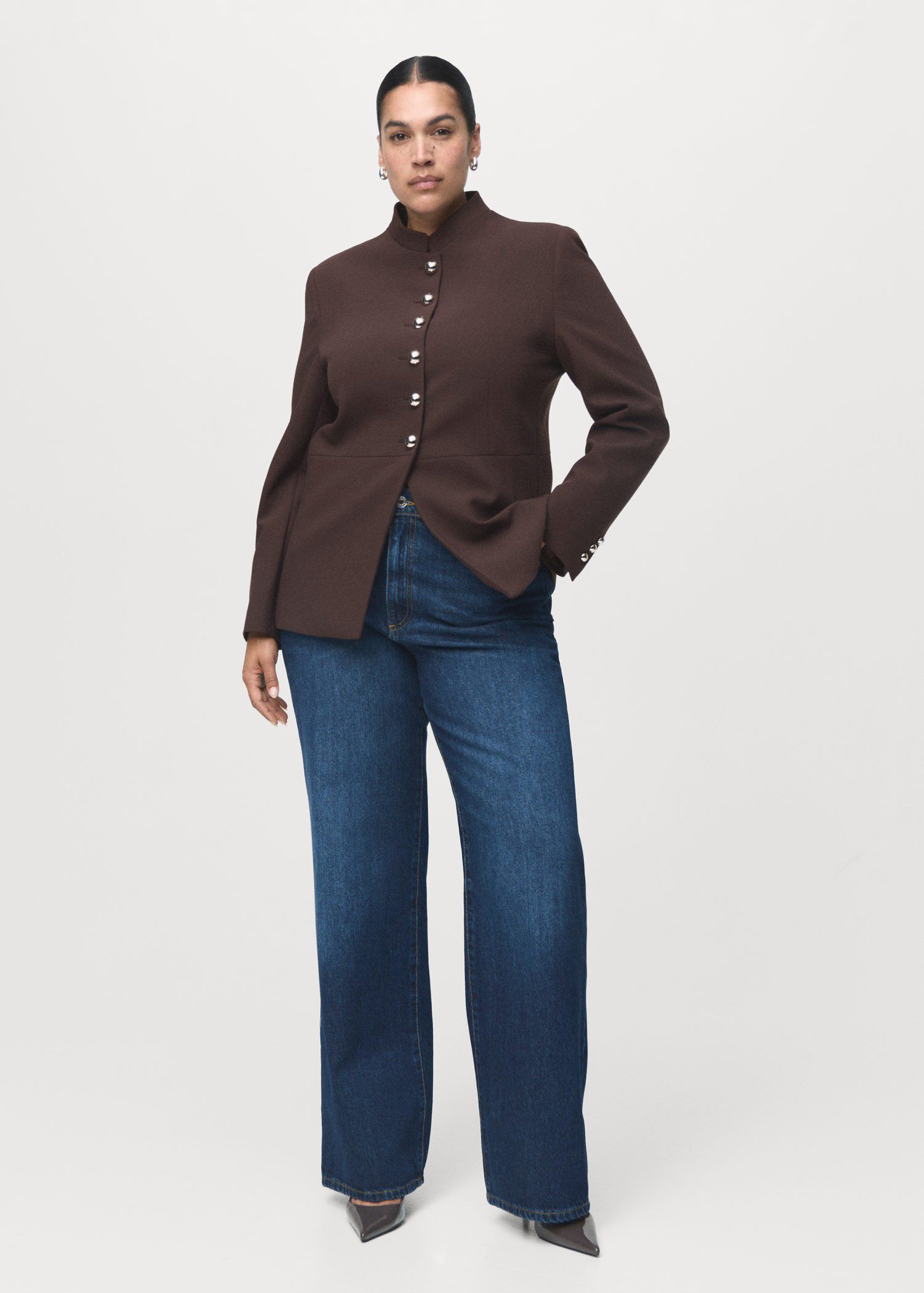 Jacket with jewel-button strip coll