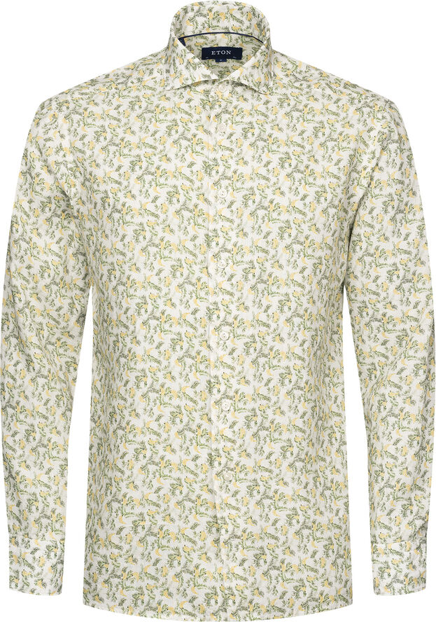 Slim Fit Green Banana Print Linen Shirt