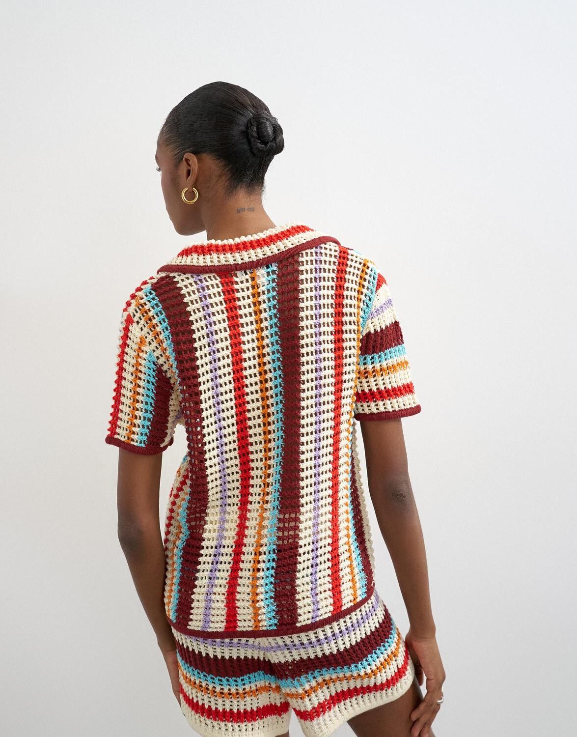 Tsgerdi Ss Crochet Striped Knit Shirt