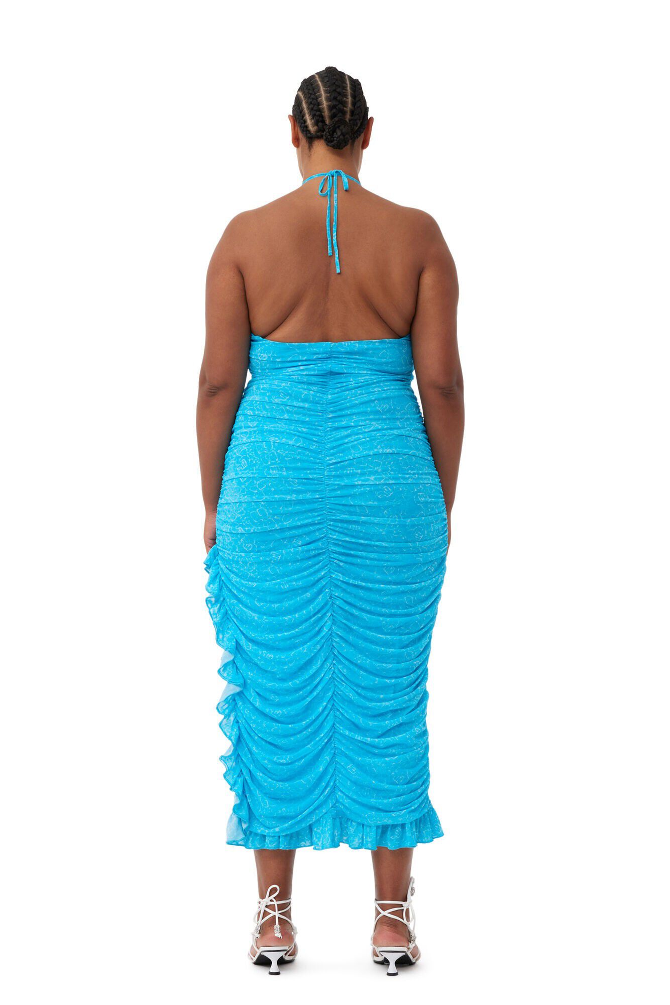 Printed Mesh Halterneck Gather Dres