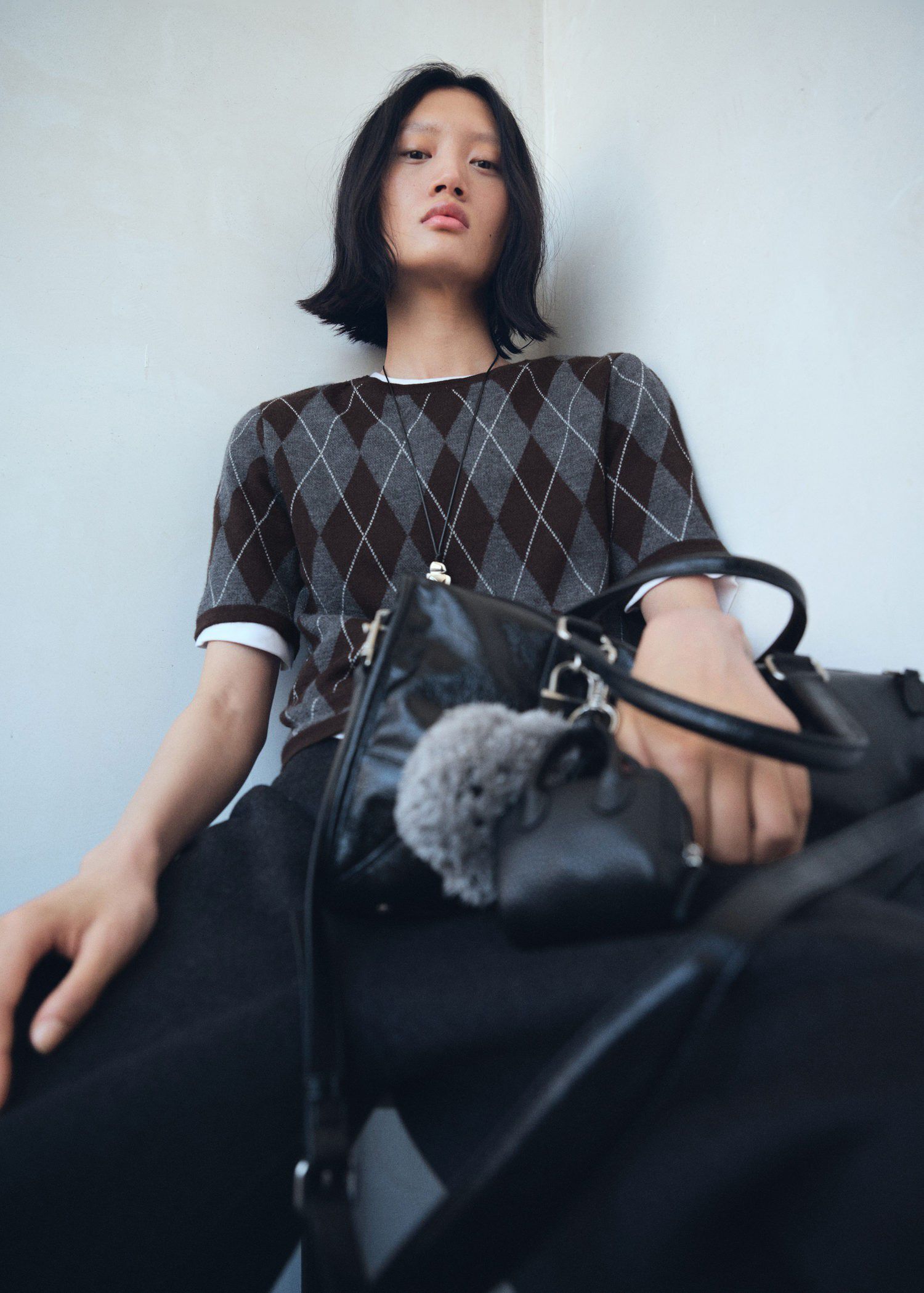 Short-sleeve argyle jumper