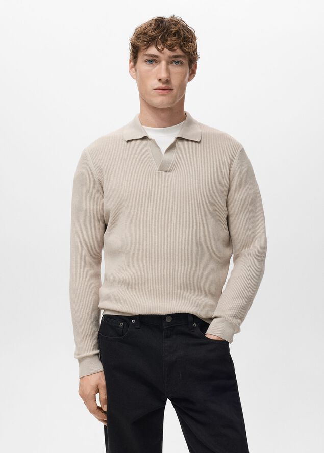 Cotton-blend ribbed polo sweater