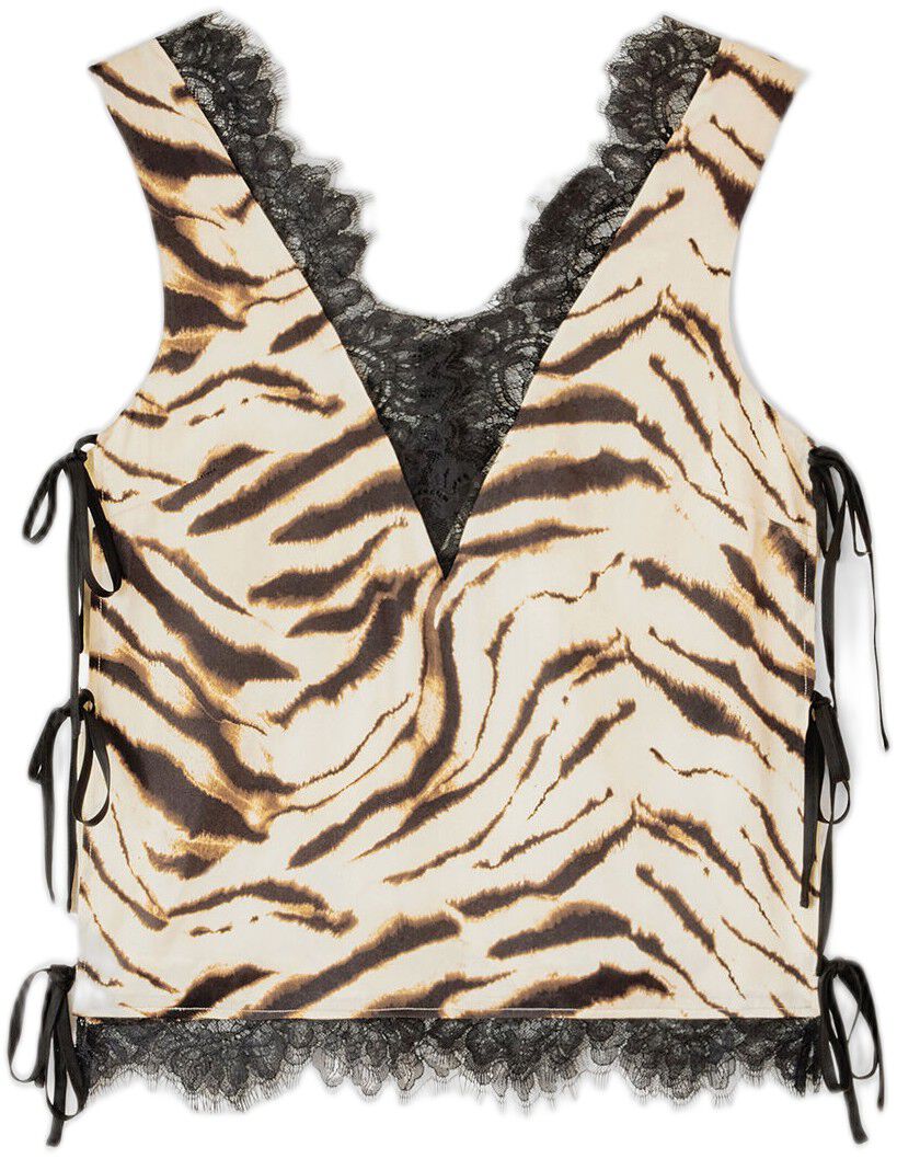 Printed Stretch Satin V-neck Lace S