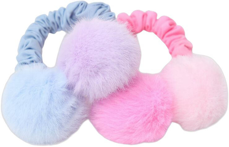 Scrunchies med pompoms i fuskpäls.
