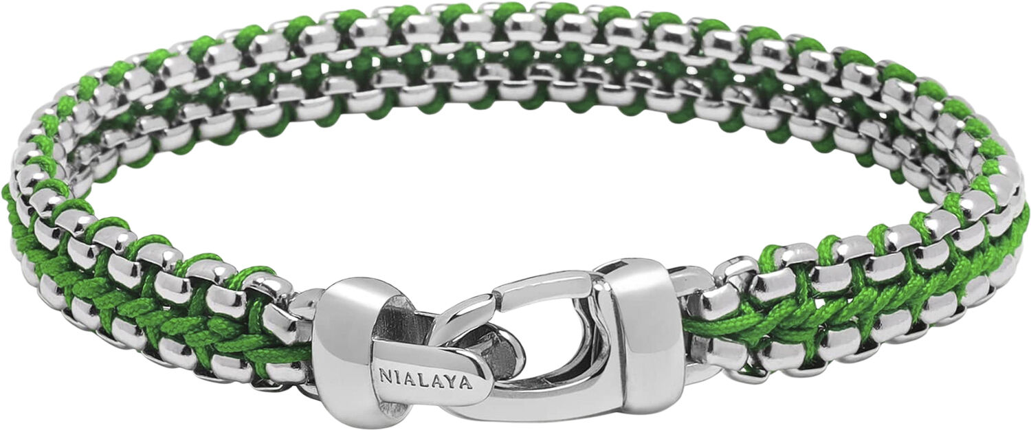 Men's Green Woven 8mm Box Chain Bracelet in Silver