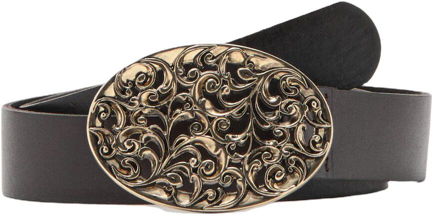 Engraved buckle leather belt