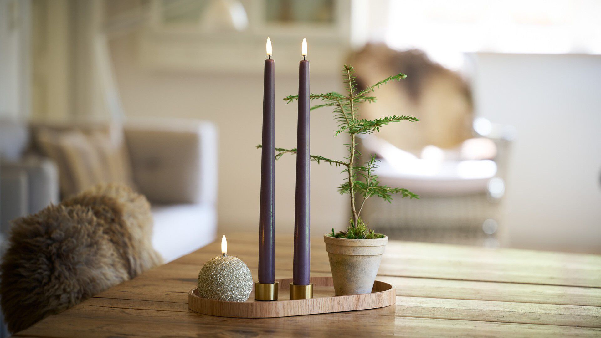 LED slim taper candle, Dusty Mulberry, Smooth, 2-pack, 2,3x32 cm