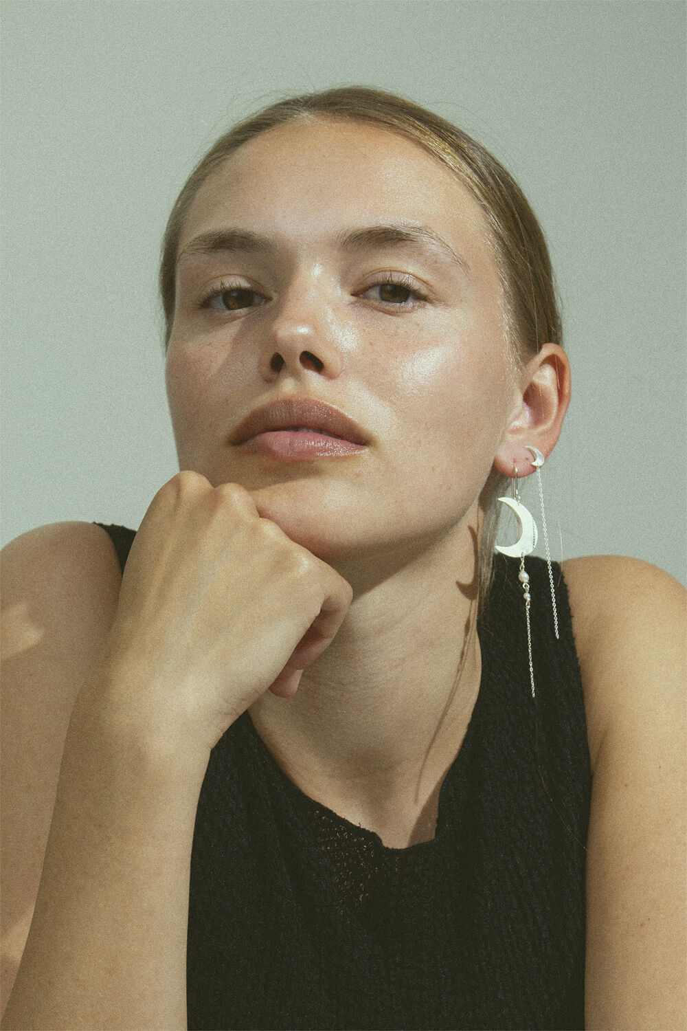 Half Moon Earring with Pearl Chain