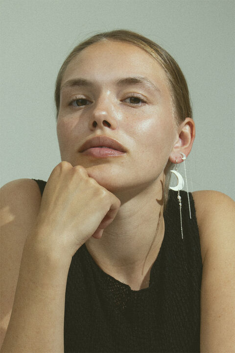 Half Moon Earring with Pearl Chain