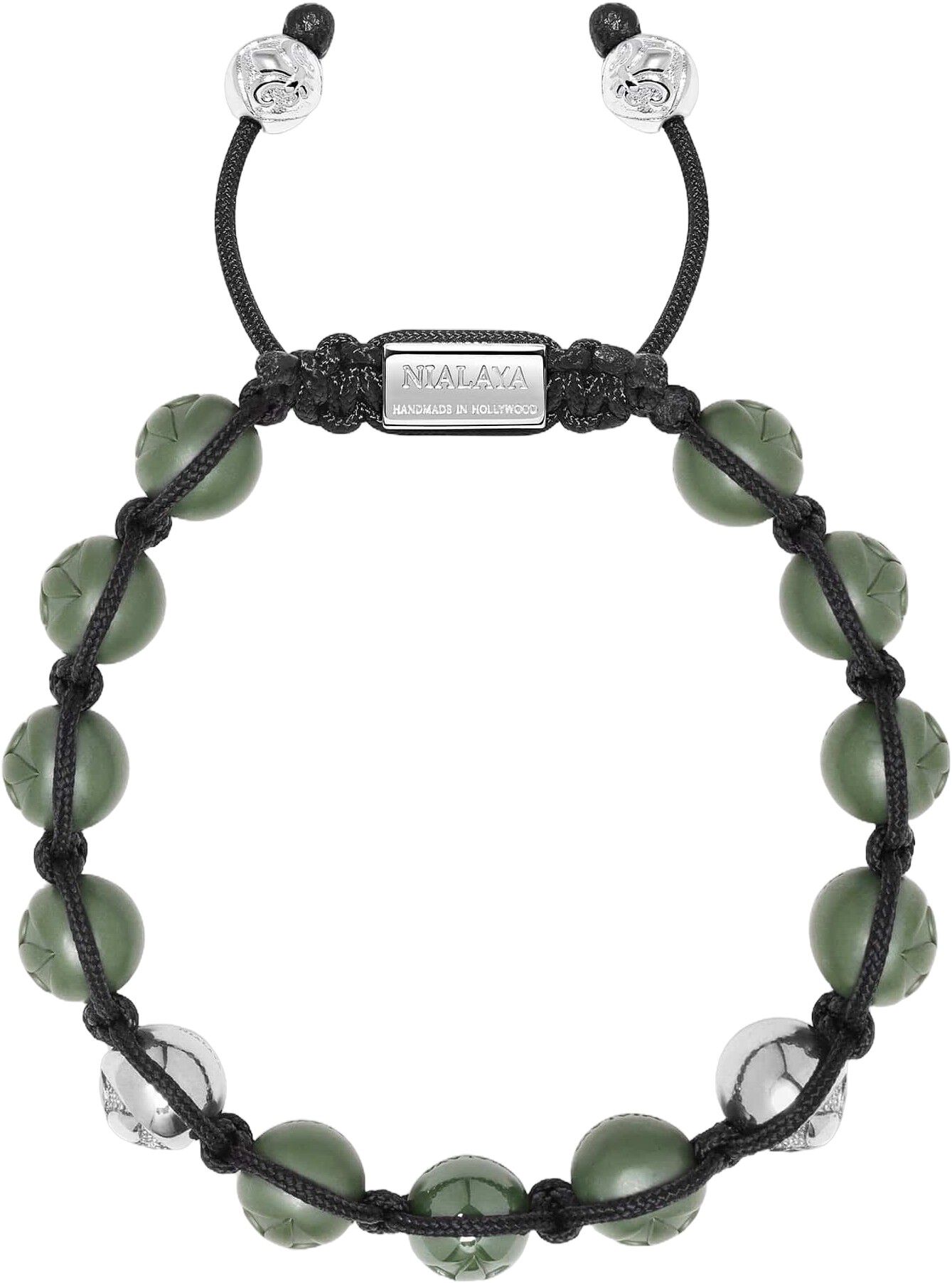 Men's Beaded Bracelet with Matte Green, Glossy Green Ceramic & Silver