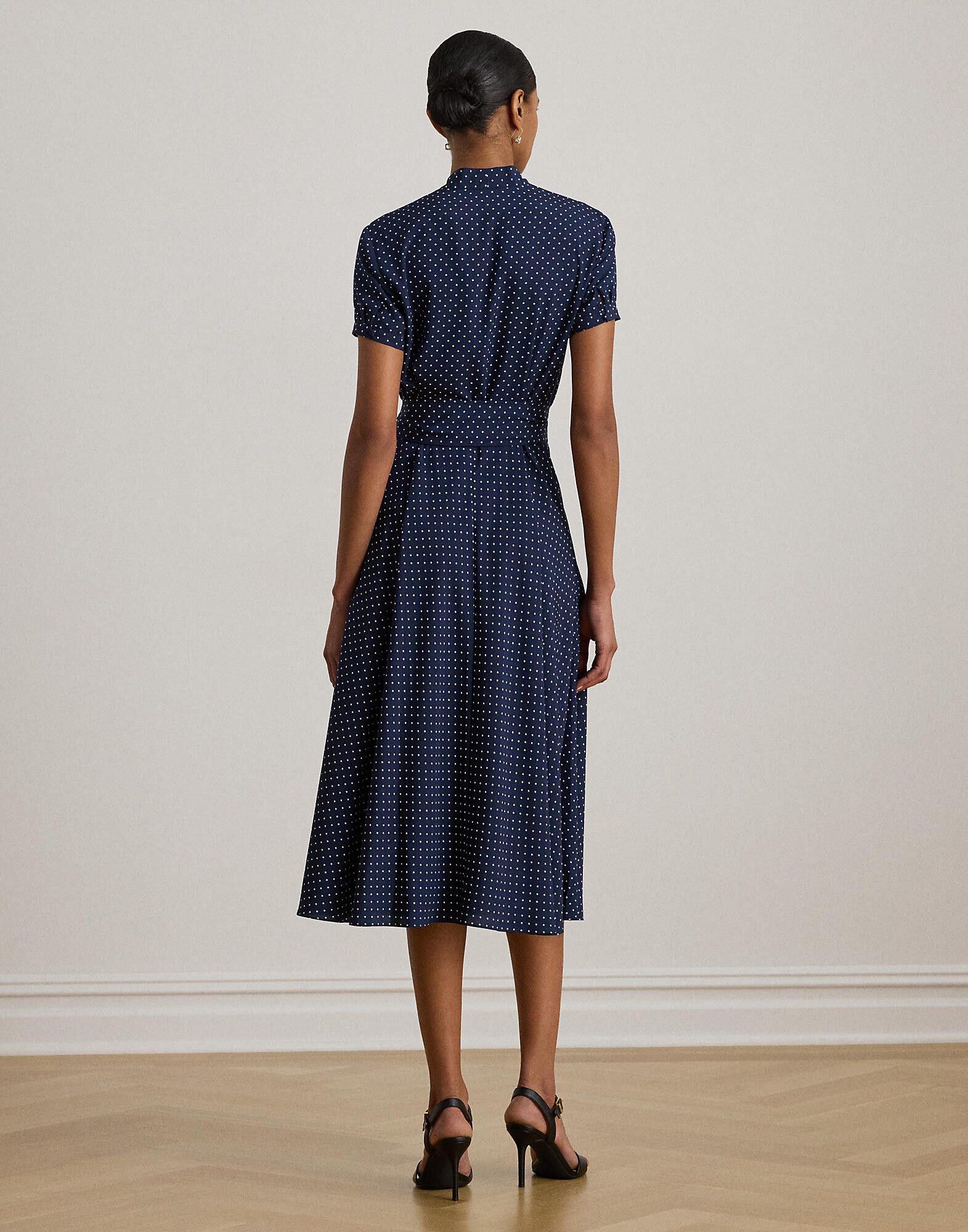 Polka-Dot Belted Crepe Dress