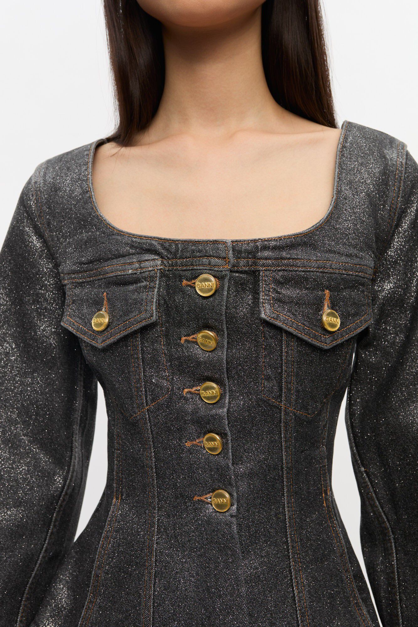 Shimmery Foil Denim Fitted Blazer