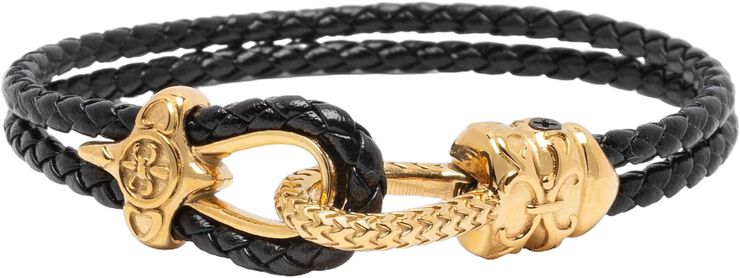 Black Leather Bracelet with Gold Rope Clasp