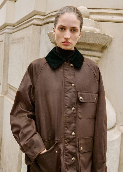 Waxed-effect parka with corduroy co