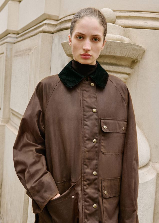Waxed-effect parka with corduroy co