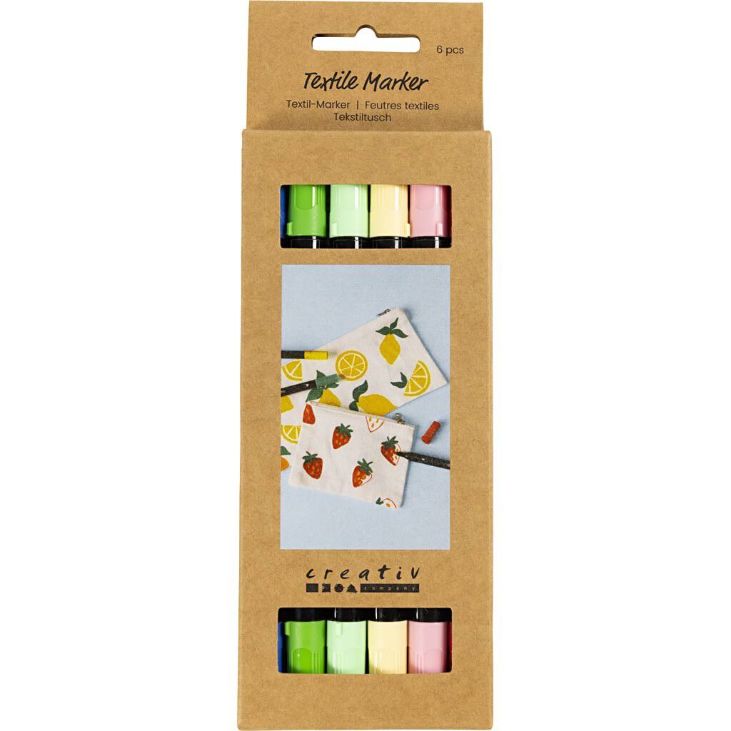 Tekstiltusch, streg 2,3+3,6, ass. farver, 6 stk.