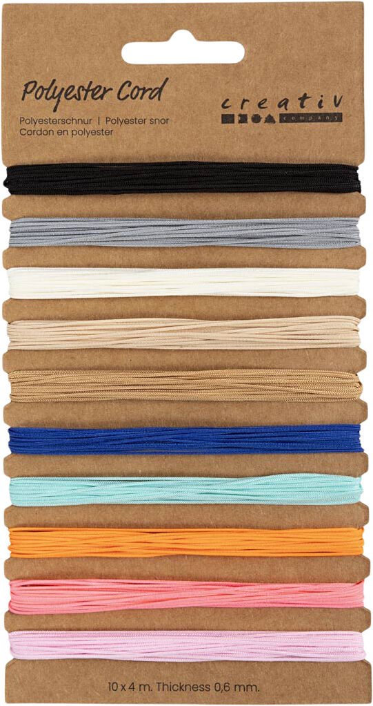 Polyester snor, tykkelse 0,6 mm, ass. farver, 10x4m/