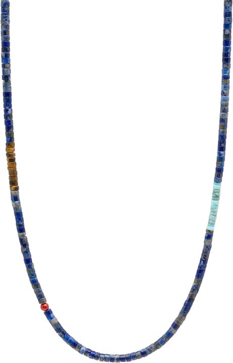 Blue Lapis Heishi Necklace with Tiger Eye and Turquoise