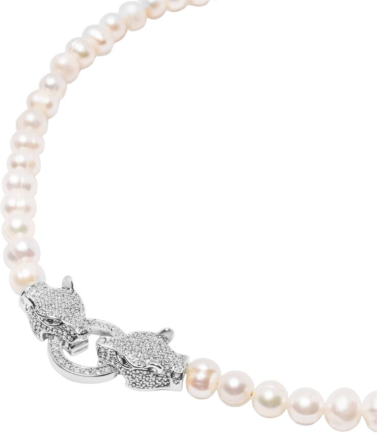 Women's Pearl Choker with Silver Double Panther Head