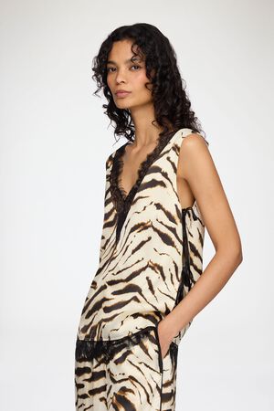 Printed Stretch Satin V-neck Lace S