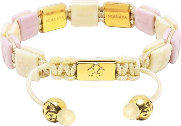Women's Cream & Soft Pink Ceramic Flatbead Bracelet with Gol