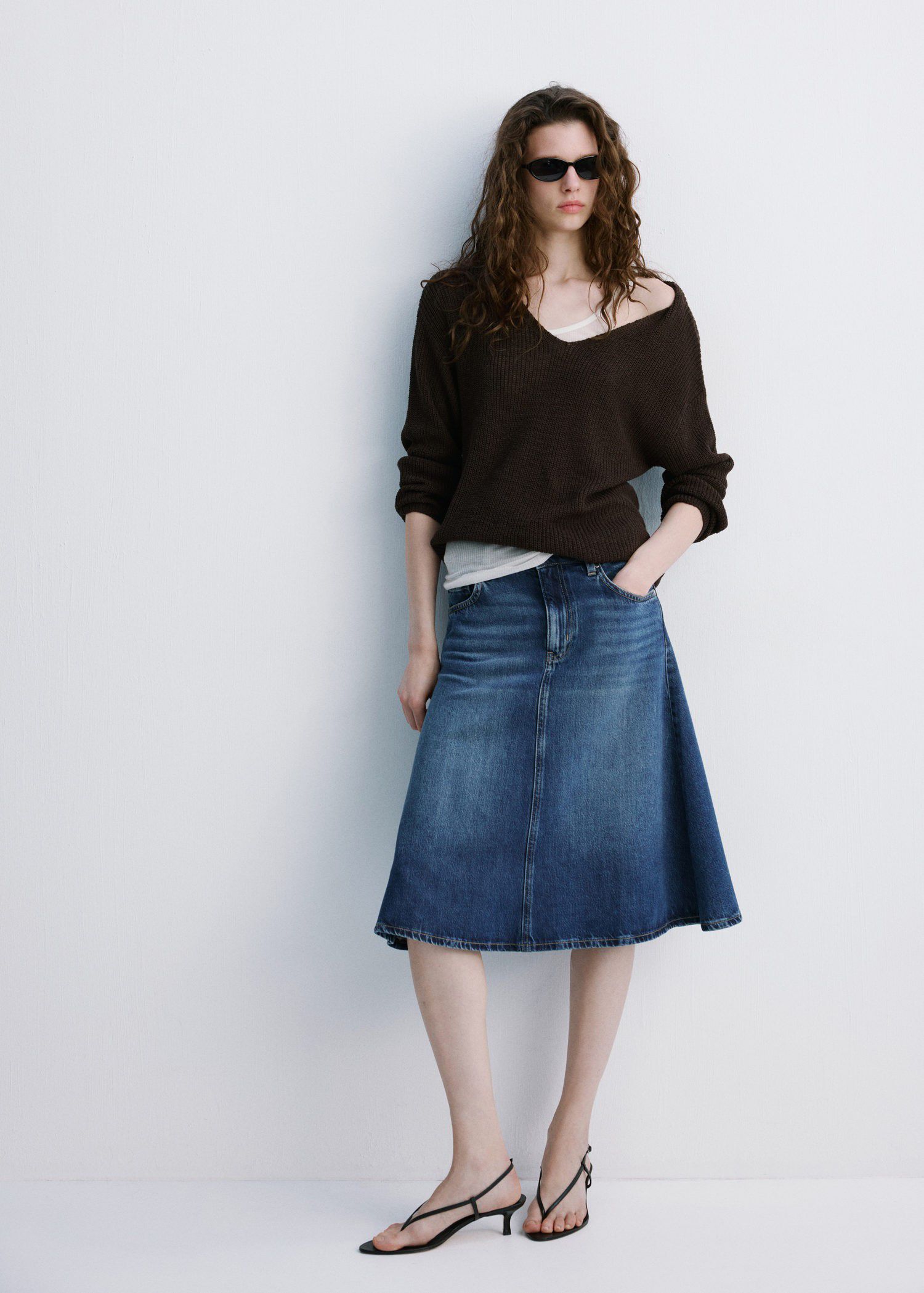 V-neck openwork knitted sweater