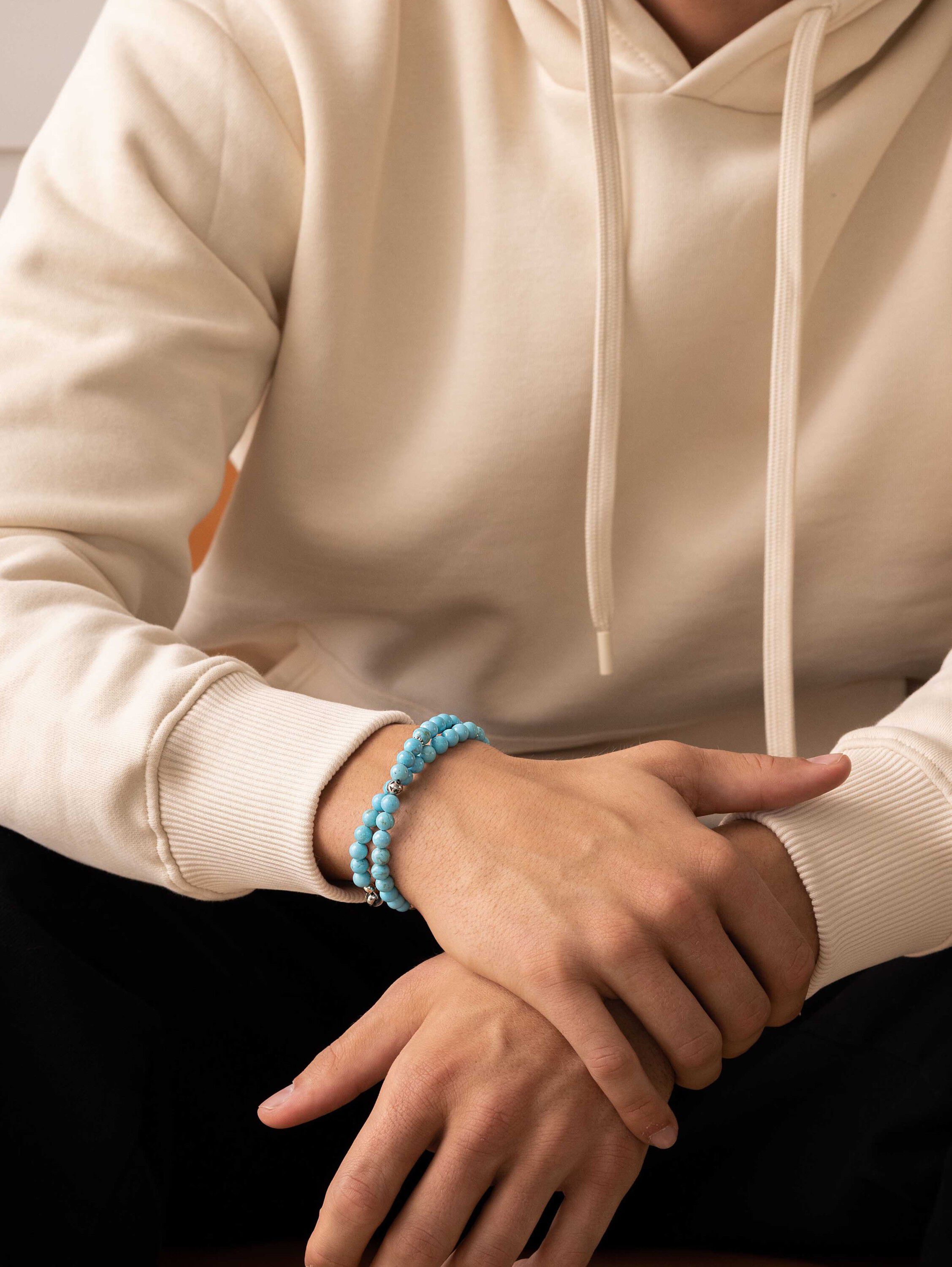 Men's Adorned Stainless Steel Wrap Around Bracelet with Turquoise