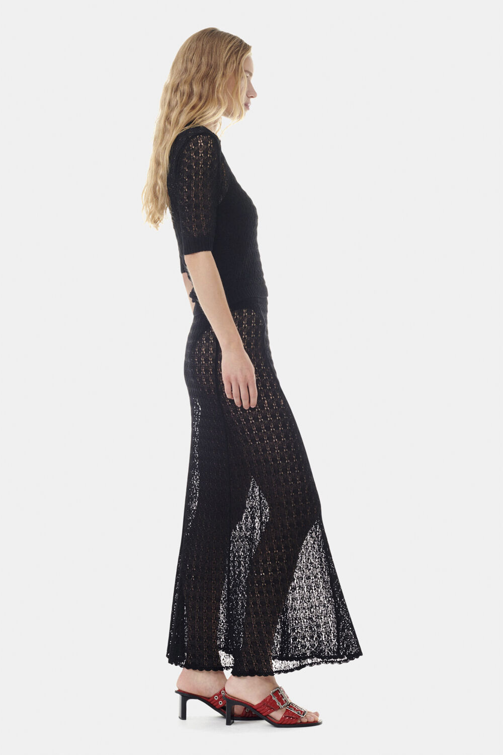 Shiny Pointelle Knit Short Sleeve P